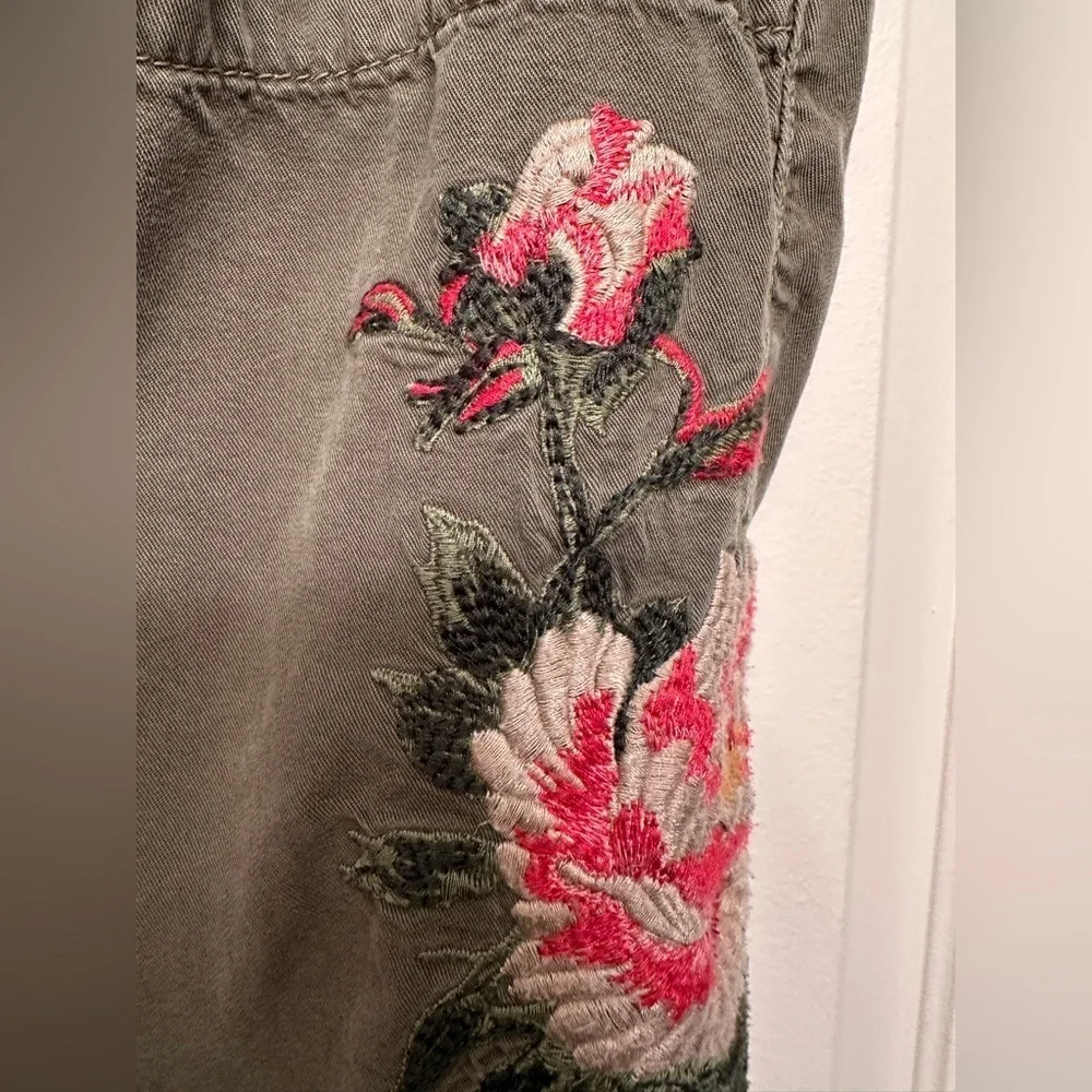 Postmark | Anthropologie Jarvis Olive Floral Embroidered Pants
